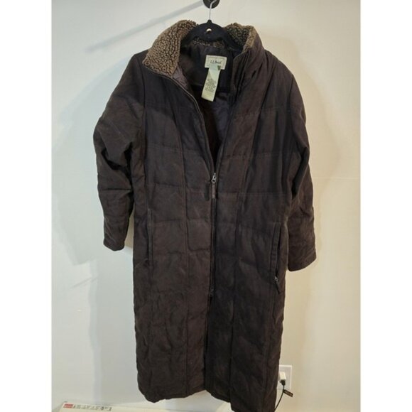Vintage LL Bean Women PM Faux Suede Quilt Goose Down Parka Coat Sherpa Collar - Picture 1 of 6